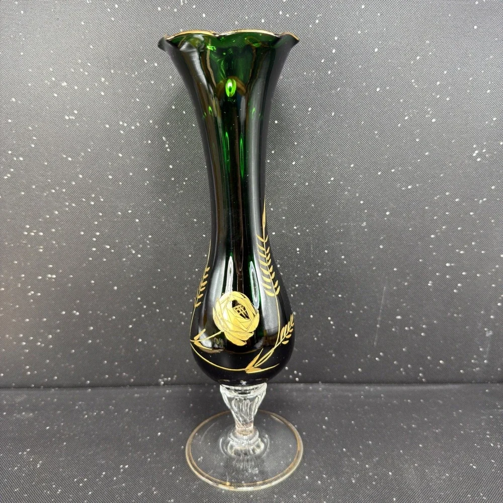Vintage Emerald Green Glass Bud Vase Gold Rose Wheat Hand Painted Etched 10 Inch